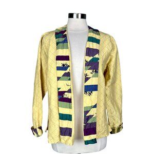 Vintage Joyce Fogle Womens Yellow Silk Jacket Open Front Patchwork Trim size M